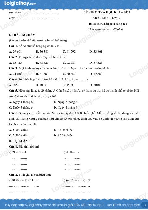 Đề kiểm tra học kì 2 Toán 3 Chân trời sáng tạo - Đề số 2